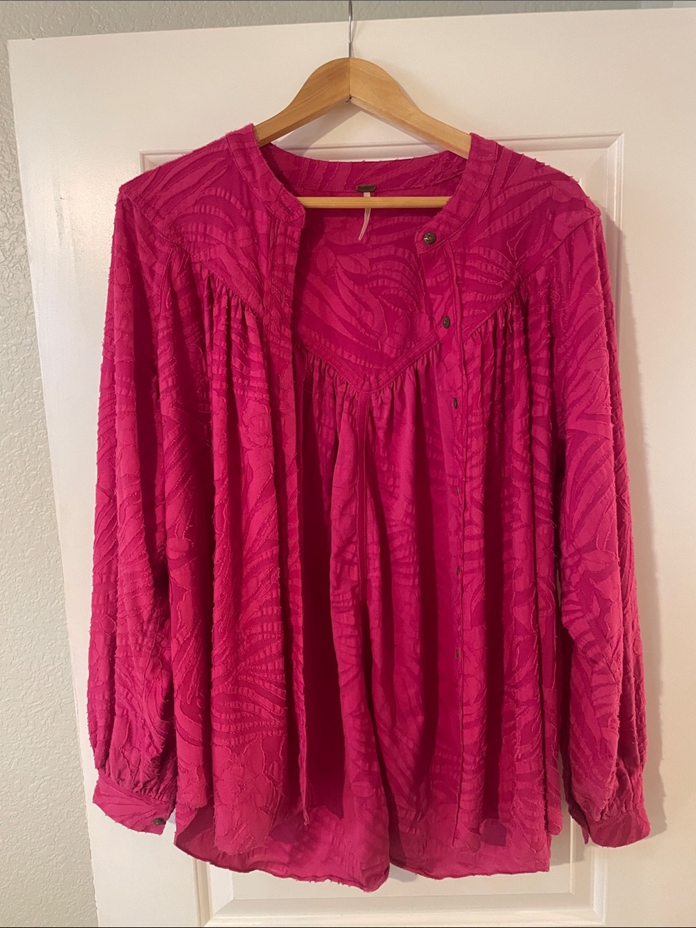 Free People Fuchsia Textured Button-Front Blouse